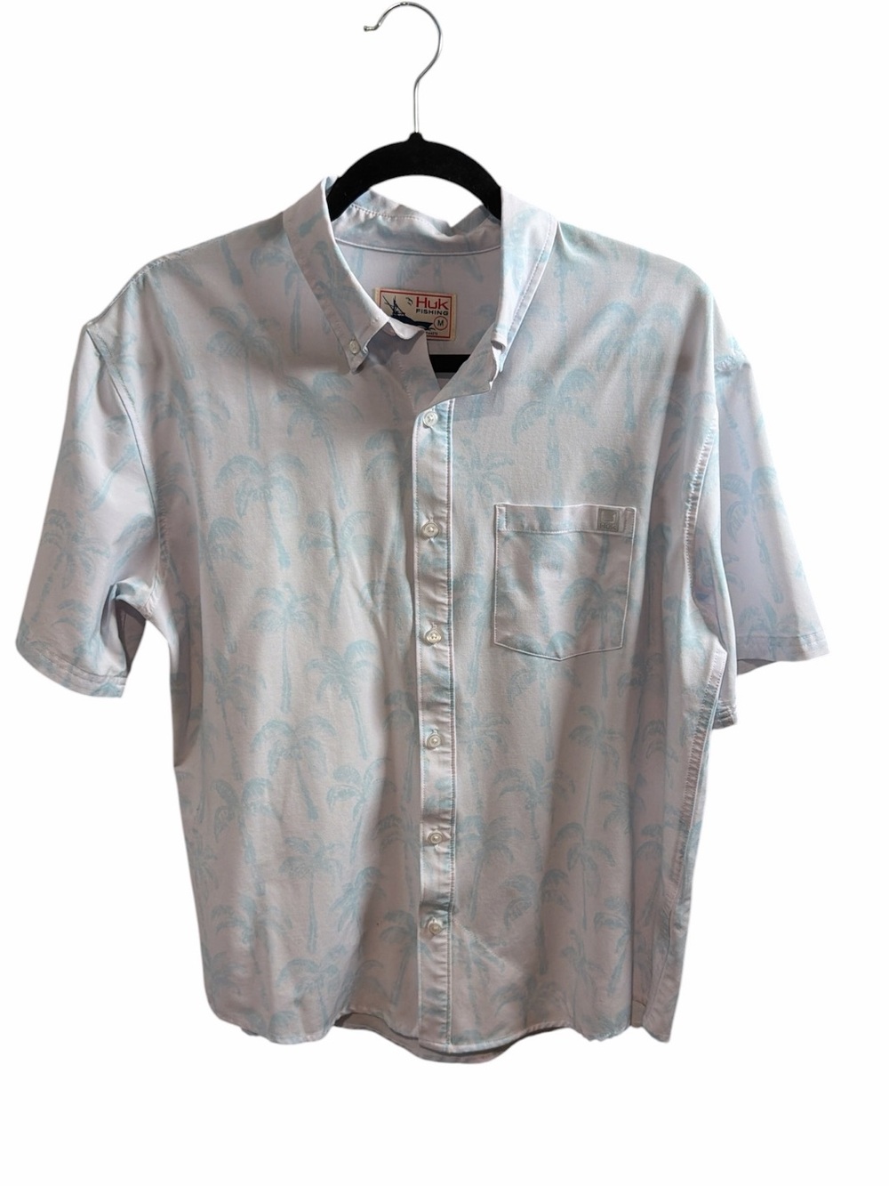 Huk Men’s White & Pale Blue Short-Sleeve Button-Down Shirt Size Medium